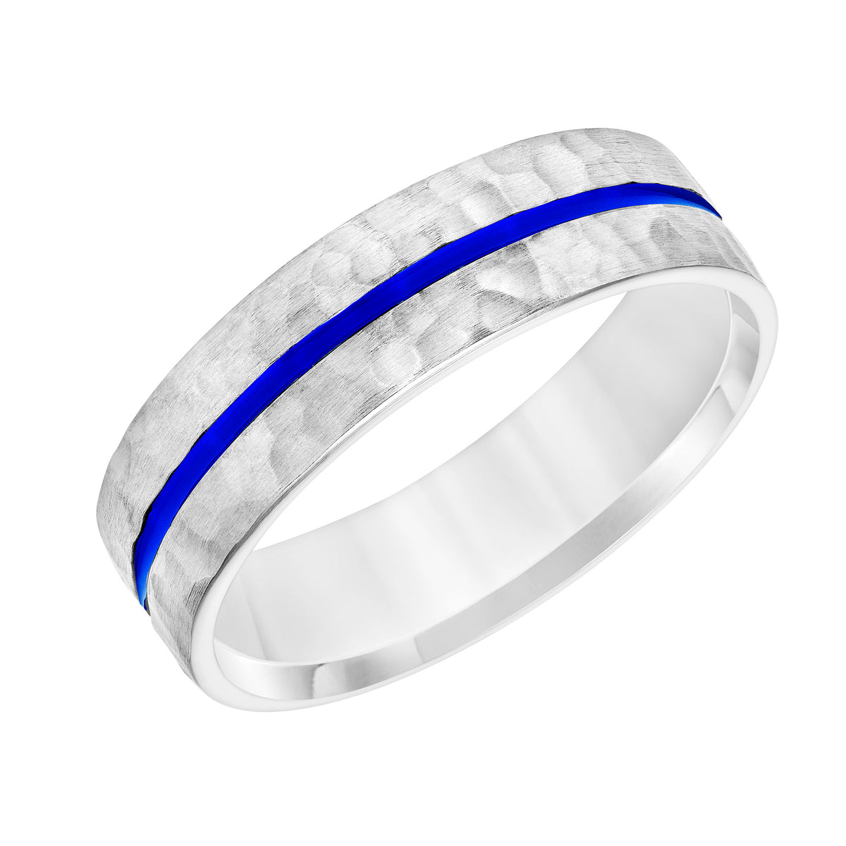 Mens Comfort Fit Wedding Band with Hammered Brush Finish and  Blue Epoxy Center Stripe
