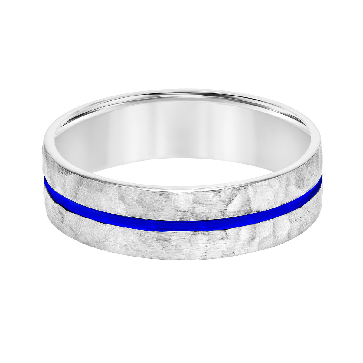 Mens Comfort Fit Wedding Band with Hammered Brush Finish and  Blue Epoxy Center Stripe