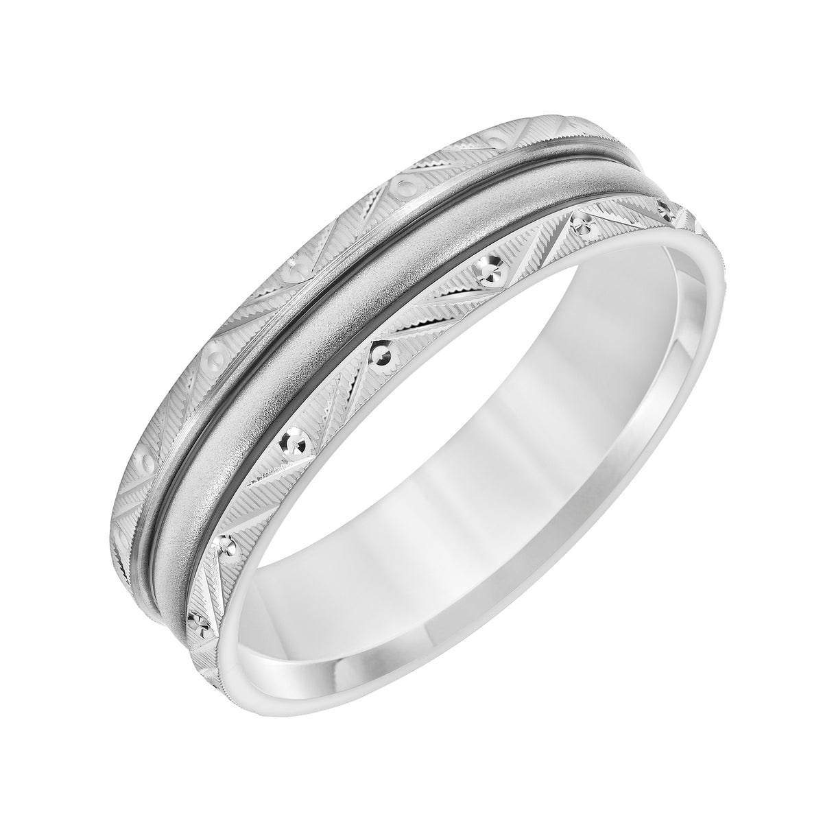 Mens Comfort Fit Wedding Band with Black Epoxy Center Stripes and Milgrain Accents and Swiss Cut Edge