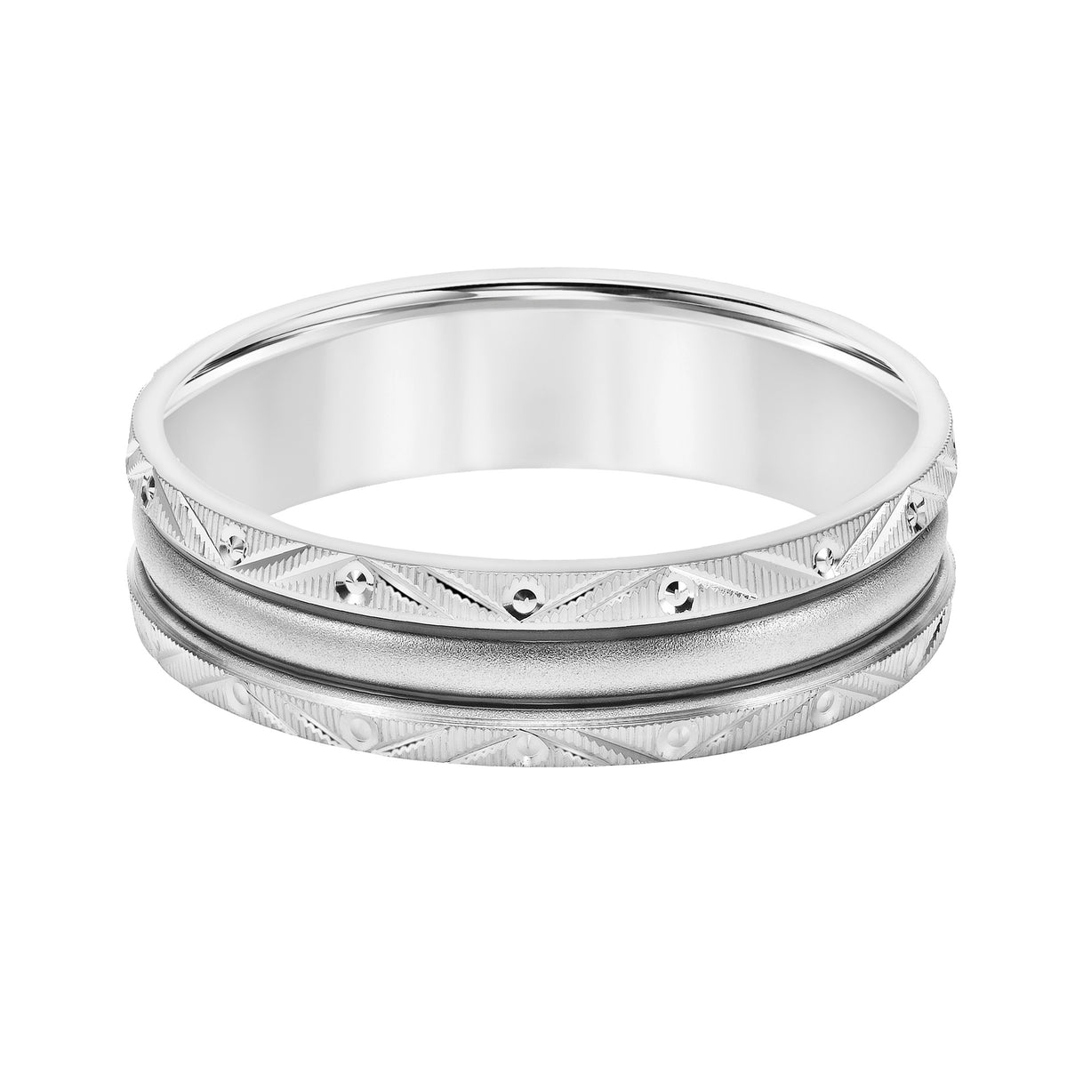 Mens Comfort Fit Wedding Band with Black Epoxy Center Stripes and Milgrain Accents and Swiss Cut Edge