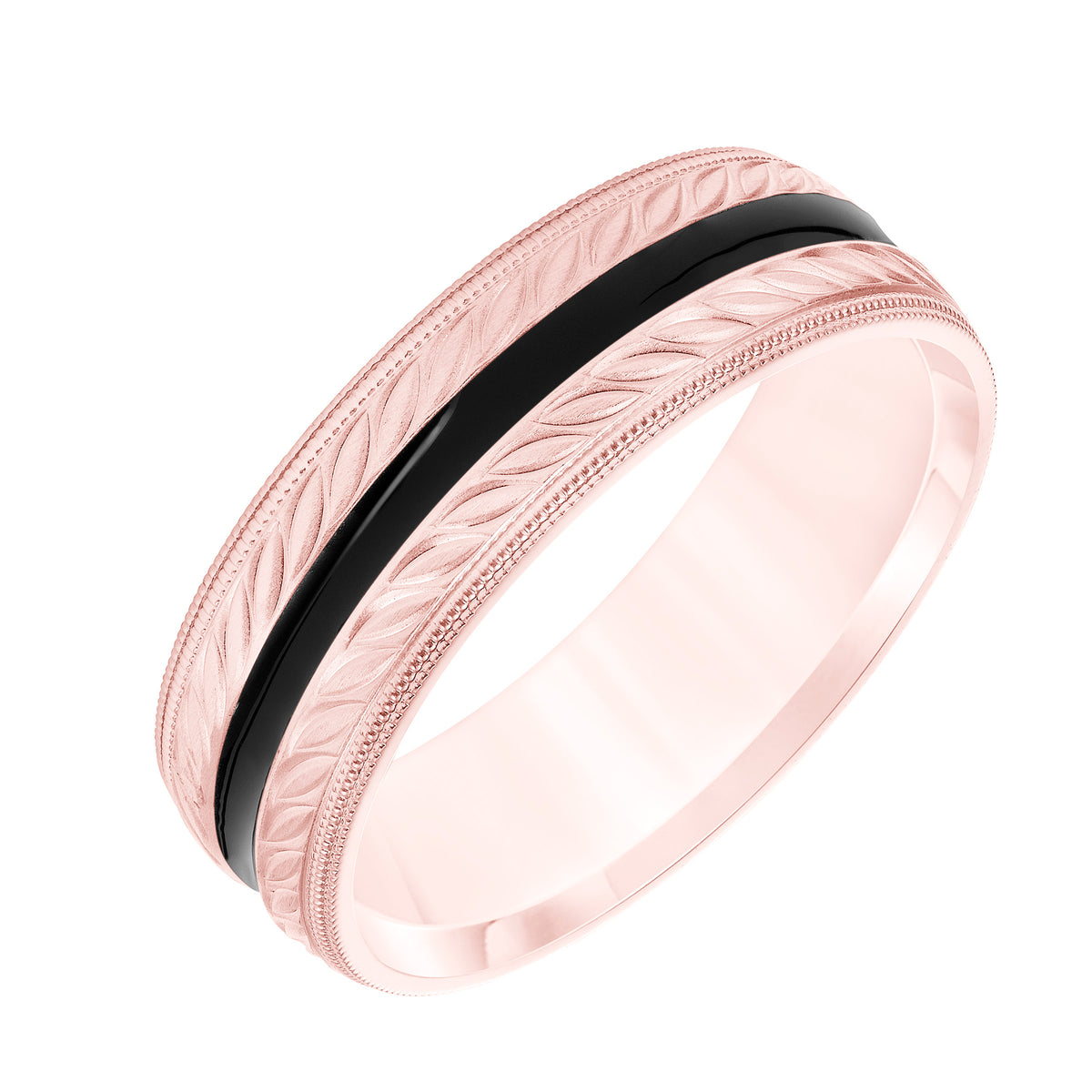 Mens Comfort Fit Wedding Band with Brush Finish and Wheat Motif and Black Epoxy Center Stripe