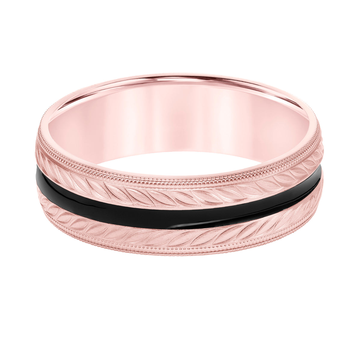 Mens Comfort Fit Wedding Band with Brush Finish and Wheat Motif and Black Epoxy Center Stripe