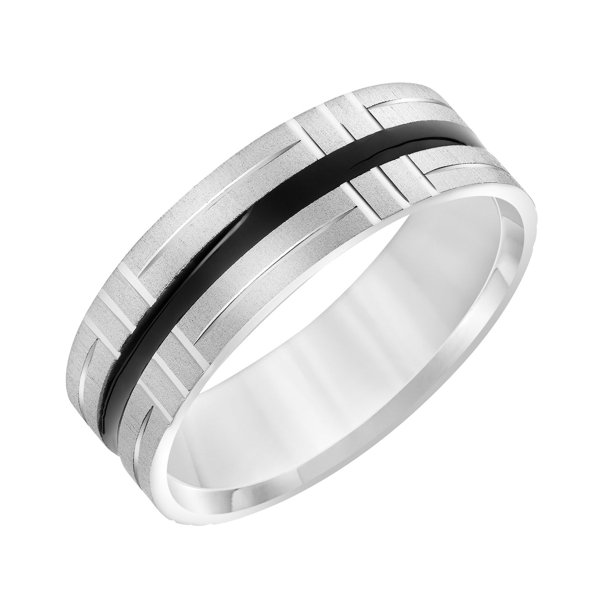 Mens Comfort Fit Wedding Band with Black Epoxy Center Stripe and Swiss Cut Lines