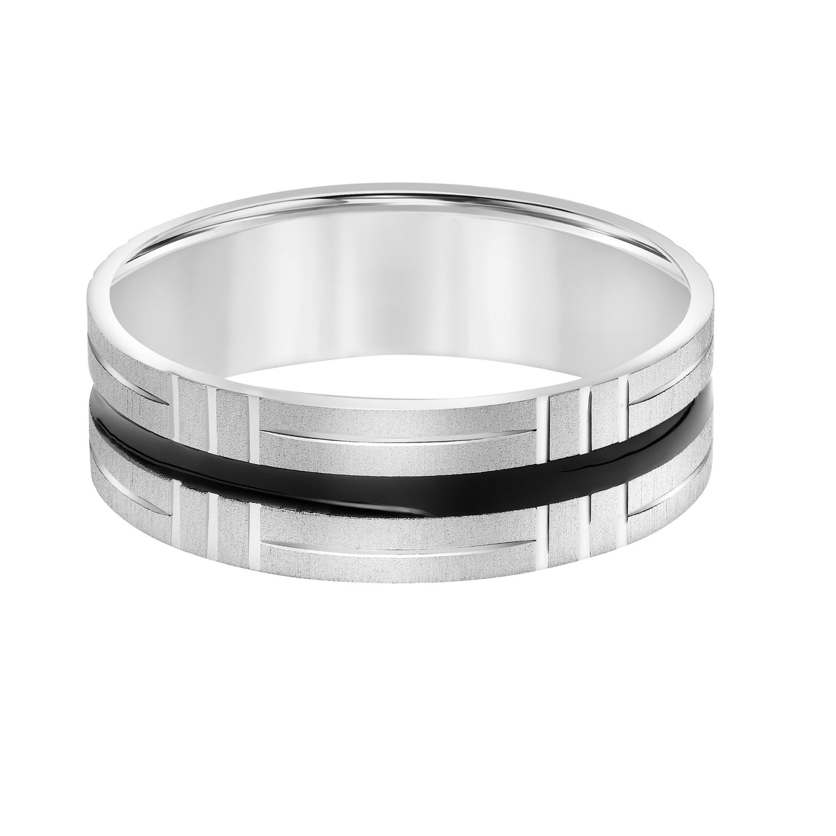 Mens Comfort Fit Wedding Band with Black Epoxy Center Stripe and Swiss Cut Lines