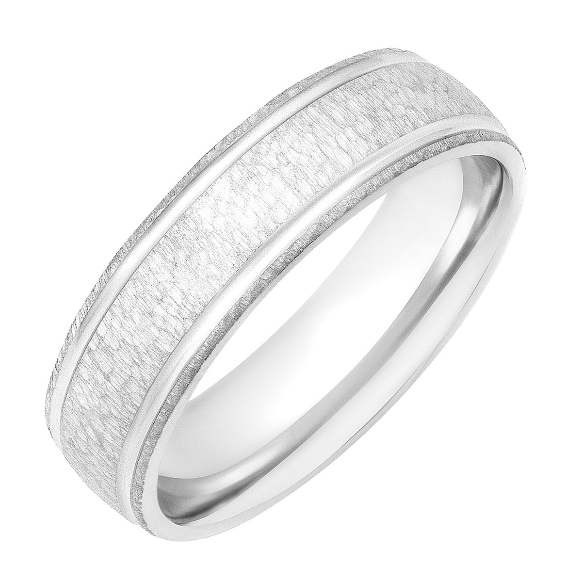 Men's Comfort Fit Wedding Band with Brush Stone Finish and Polished Side Lines
