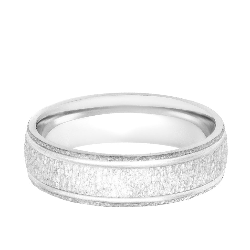 Men's Comfort Fit Wedding Band with Brush Stone Finish and Polished Side Lines
