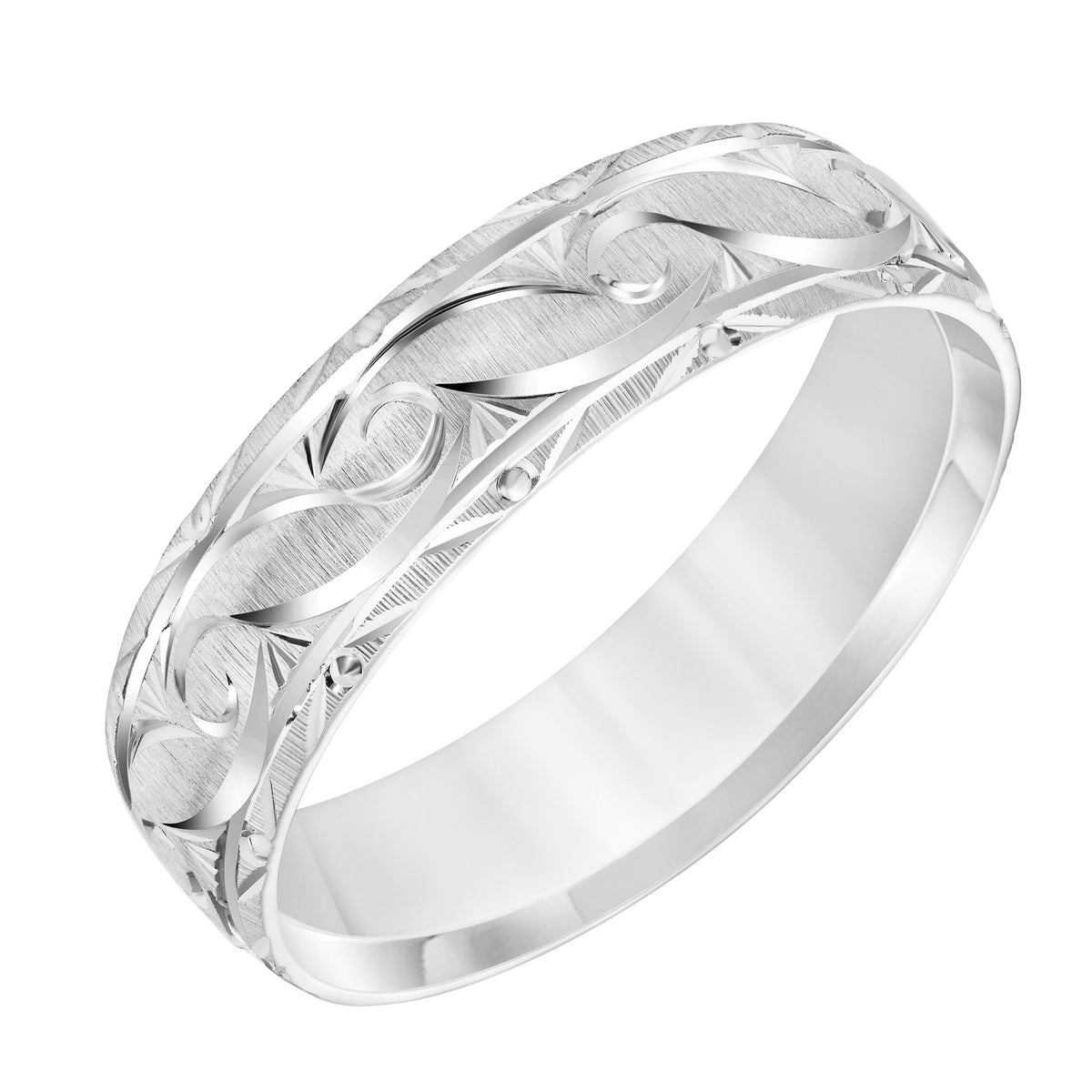 6MM Lightweight Standard Fit Carved Band with Brushed Finish and Swiss Cut Design with Polished Low Dome Broken Edge Profile