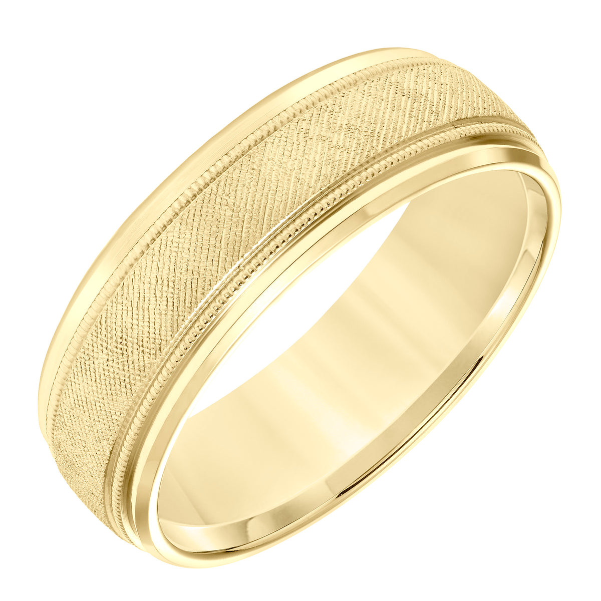 Carved Band with Florentine Center Finish and Migrain Accents with Polished Dome Step Edge Profile