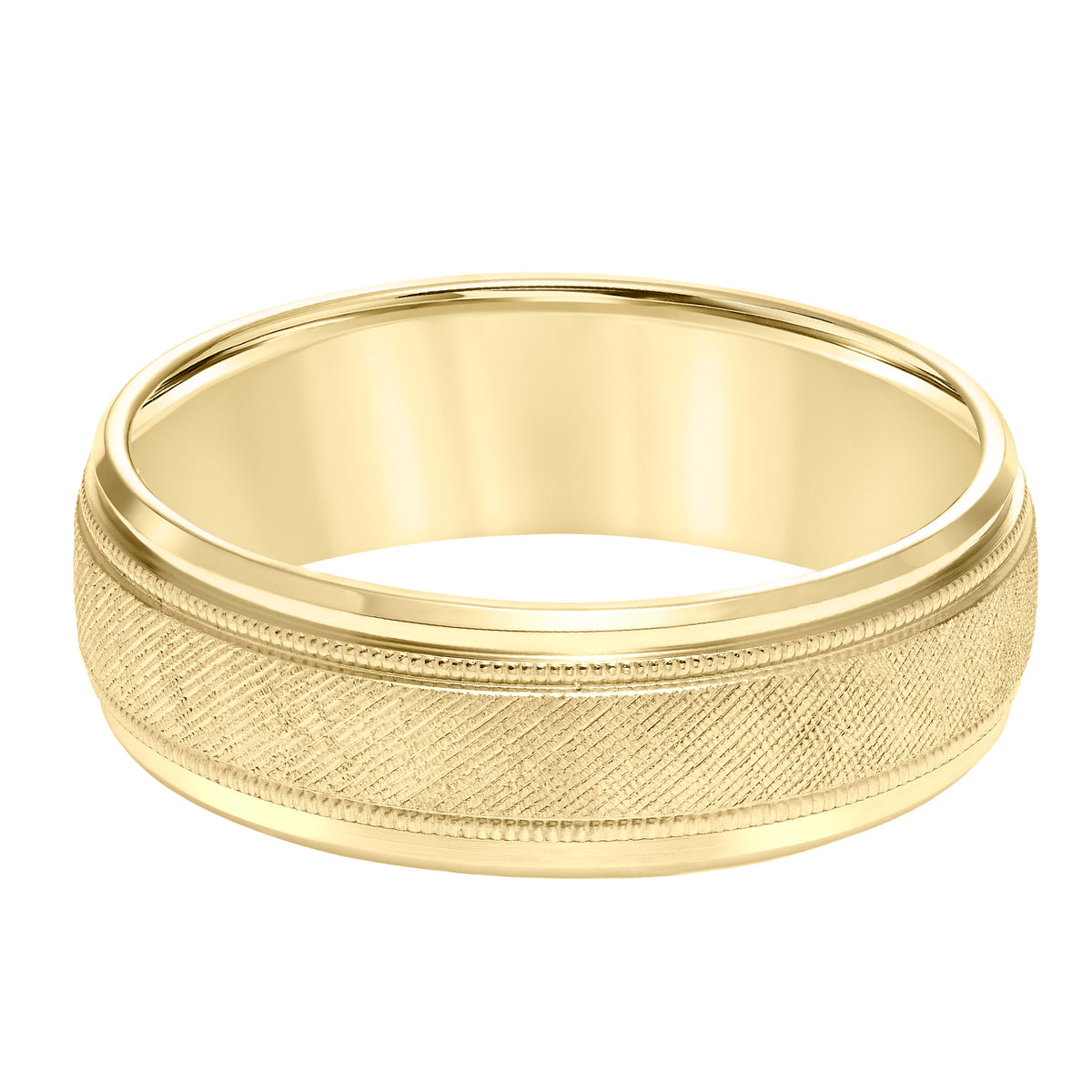Carved Band with Florentine Center Finish and Migrain Accents with Polished Dome Step Edge Profile