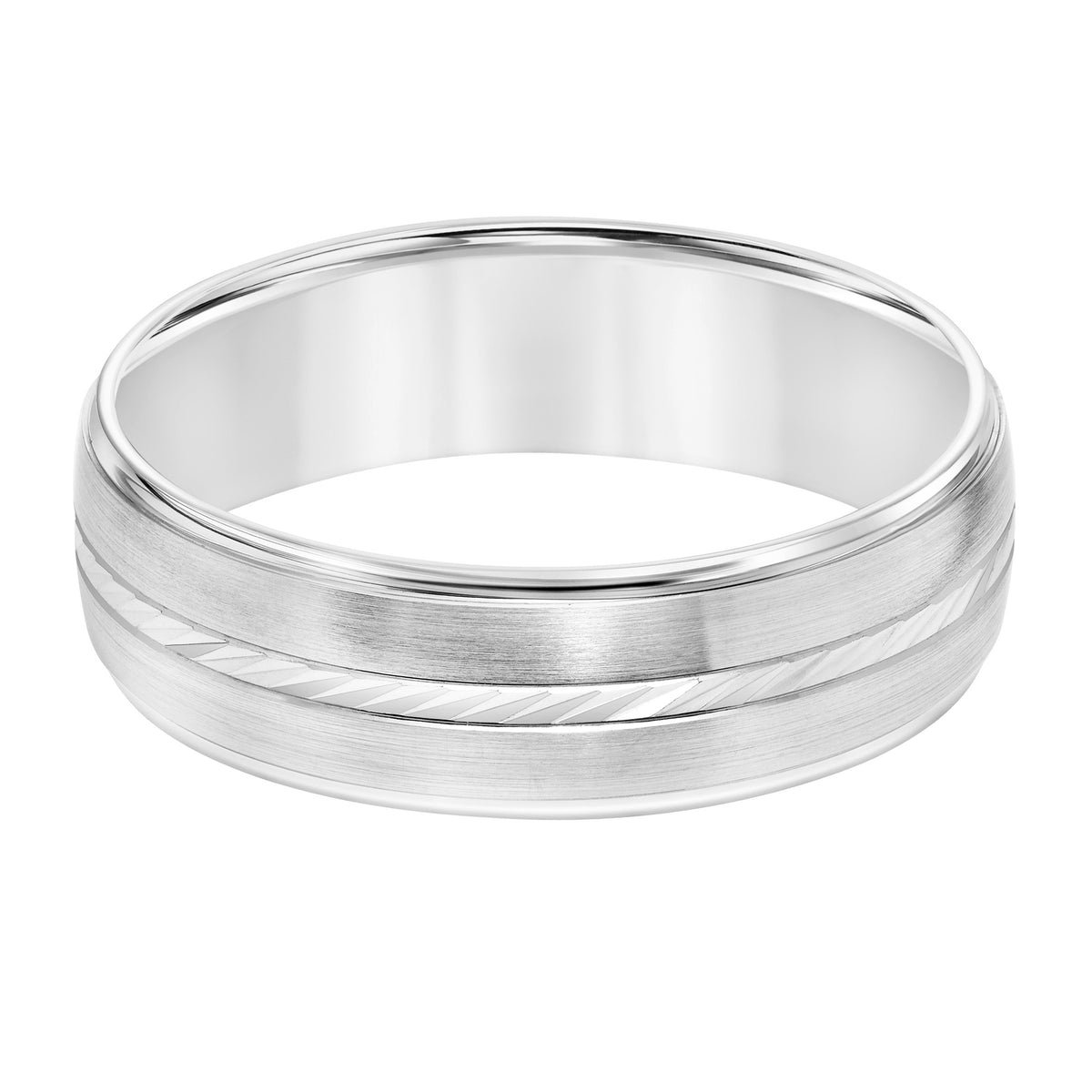 Mens Wedding Band with Brush Finish and Swiss Cut Center with Polished Round Edge