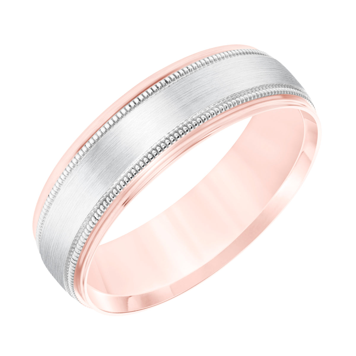 Mens Comfort Fit Wedding Band with Brush Center and Milgrain Accents and Polished Round Edge