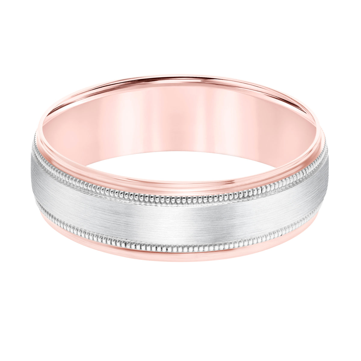 Mens Comfort Fit Wedding Band with Brush Center and Milgrain Accents and Polished Round Edge