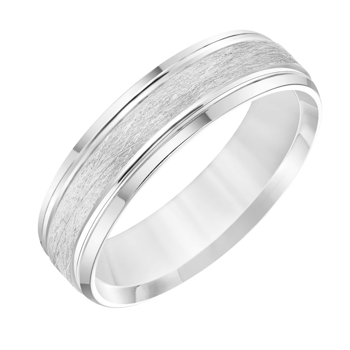 Mens Comfort Fit Wedding Band with Satin Finish and Polished Side Lines and Polished Bevel Edge