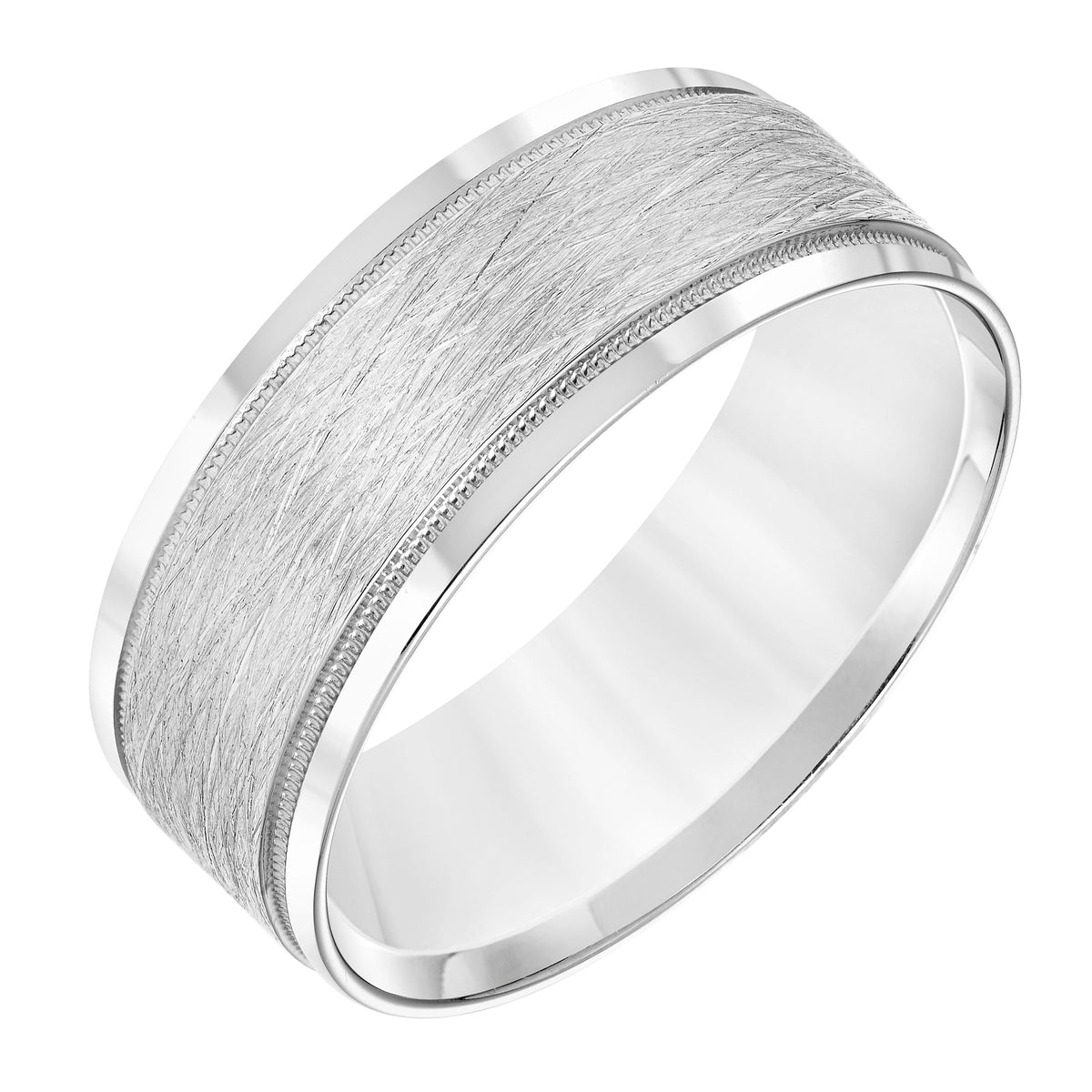 Mens Comfort Fit Wedding band with Wire Finish and Milgrain Accents and Polished Round Edge