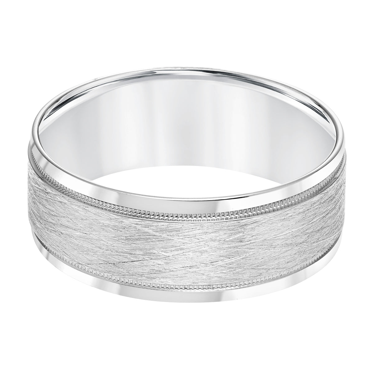 Mens Comfort Fit Wedding band with Wire Finish and Milgrain Accents and Polished Round Edge