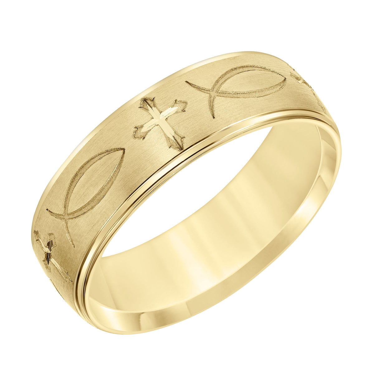 Mens Comfort Fit Wedding Band with brushed Finish and Cross and Fish Symbol Center