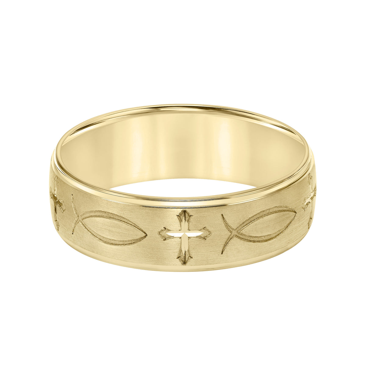 Mens Comfort Fit Wedding Band with brushed Finish and Cross and Fish Symbol Center