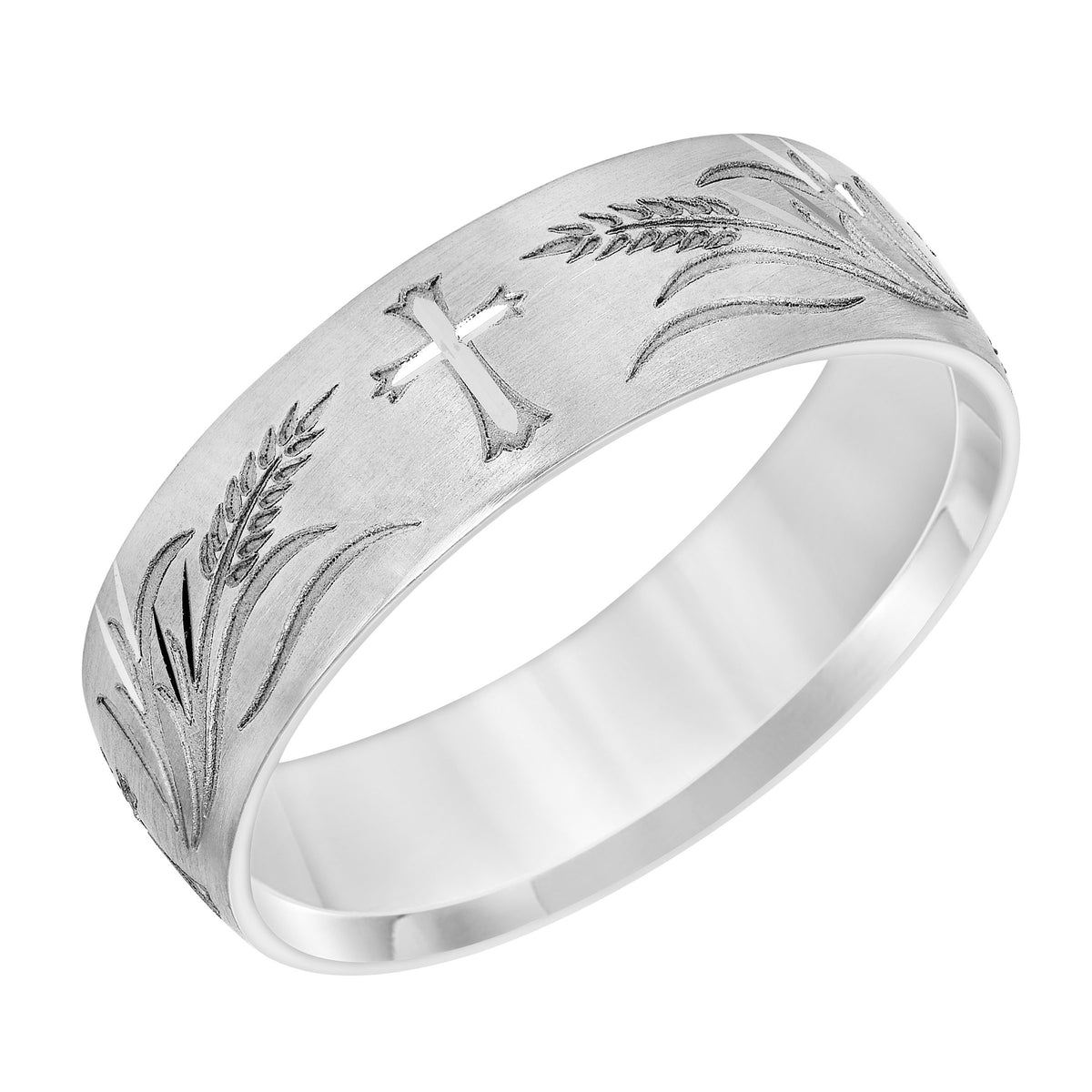 Mens Comfort Fit Wedding Band with Brush Finish and Cross and Wheat Symbol Center