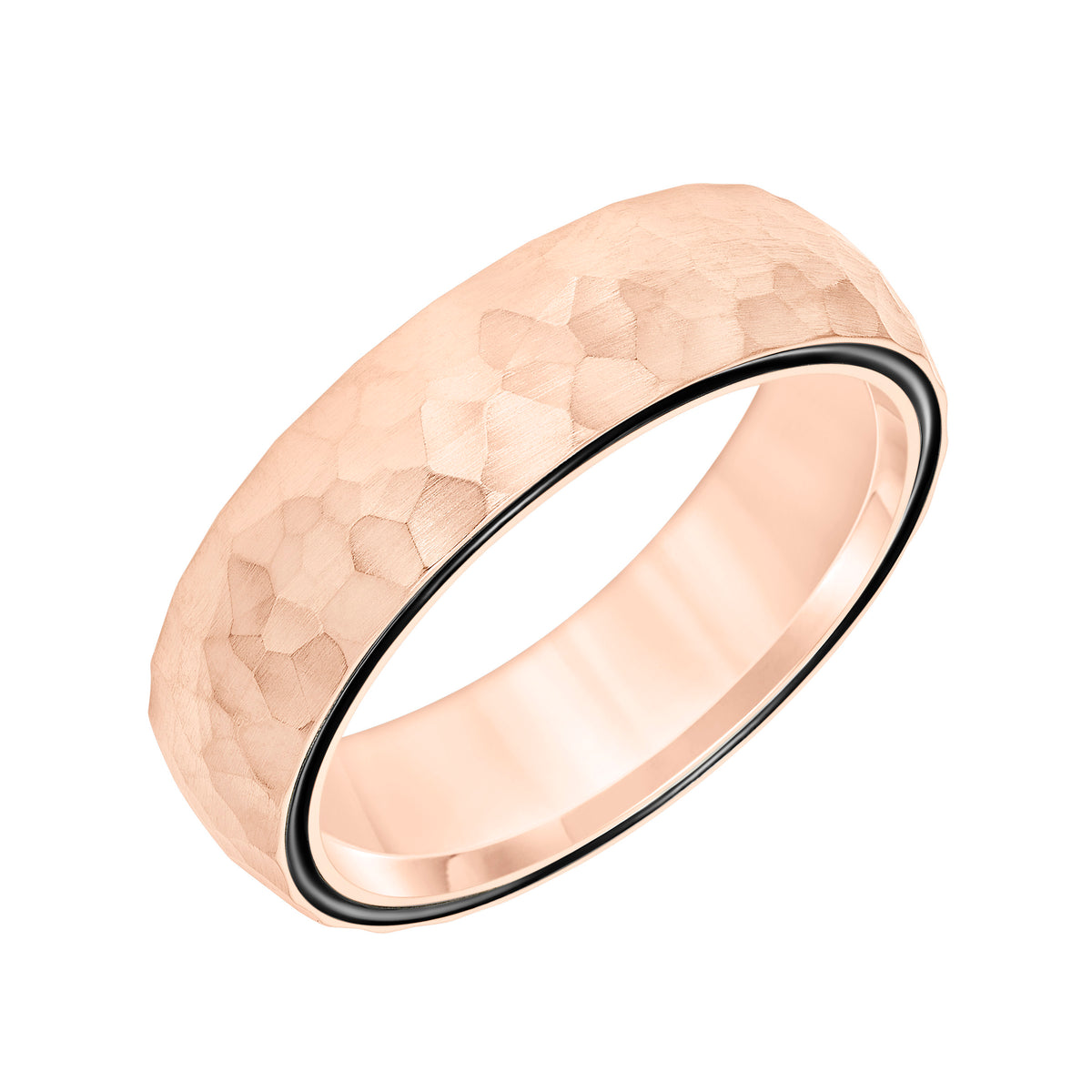 6MM 14K Gold Wedding Band with Hammer Finish and Black Enamel Sidewall