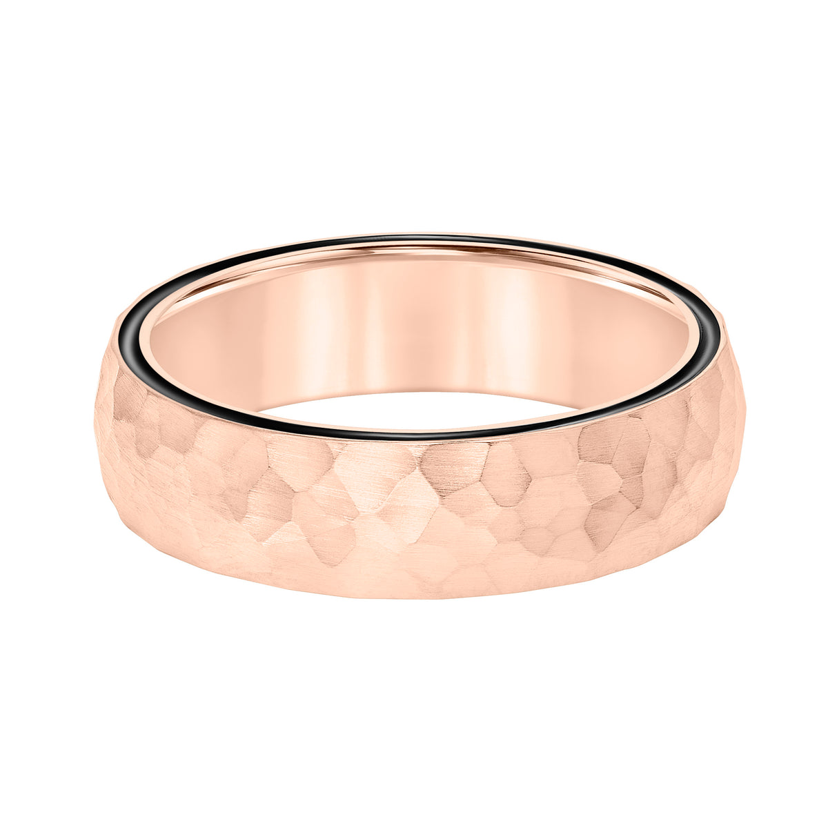 6MM 14K Gold Wedding Band with Hammer Finish and Black Enamel Sidewall