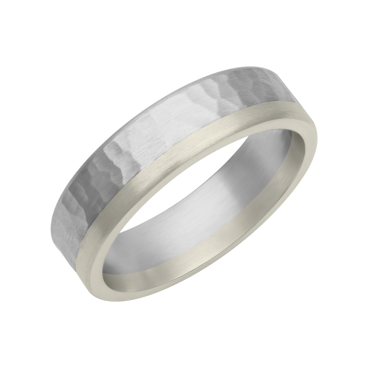 6MM Platinum and 14K White Gold with Hammered Pattern and Flat Edge Fusion Band