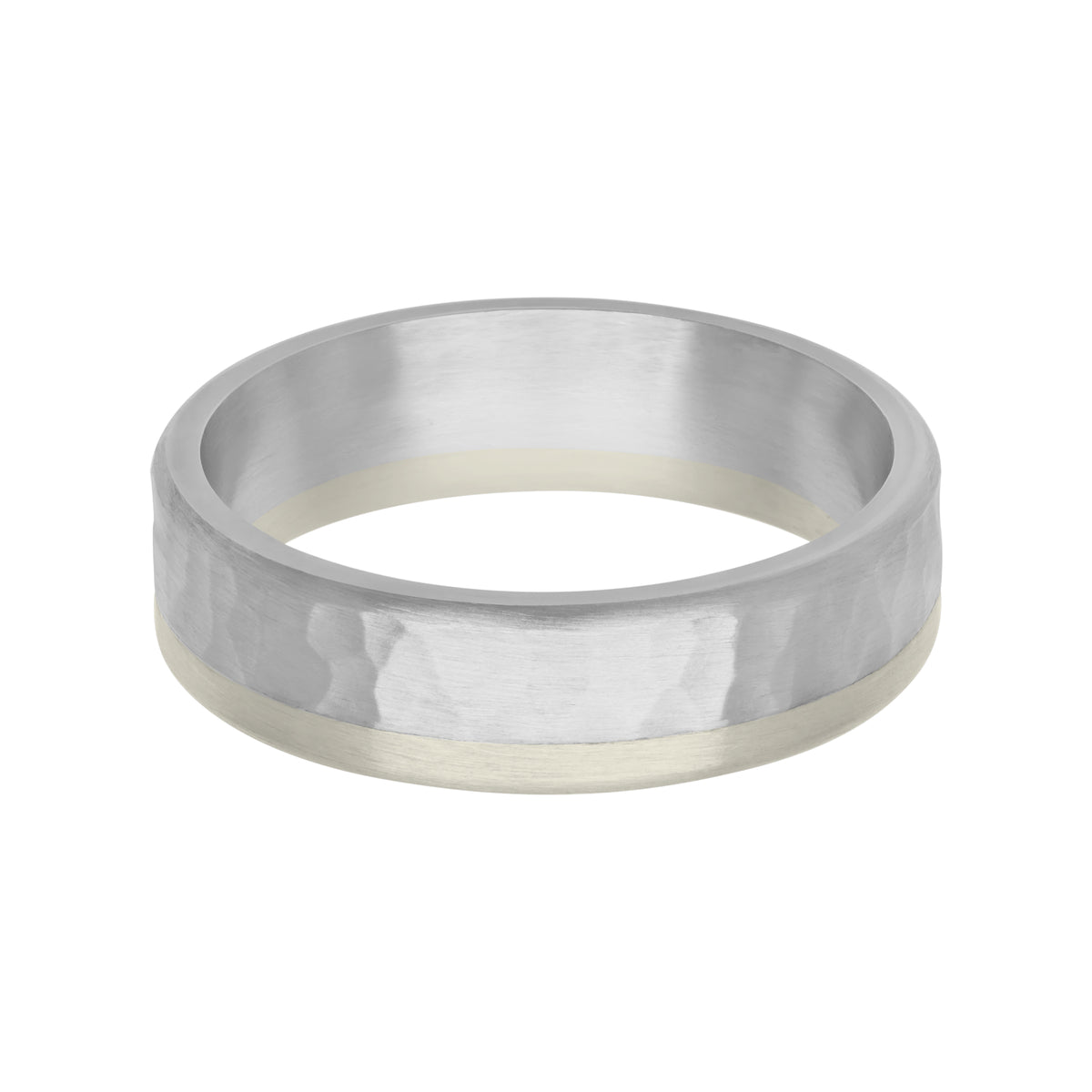 6MM Platinum and 14K White Gold with Hammered Pattern and Flat Edge Fusion Band