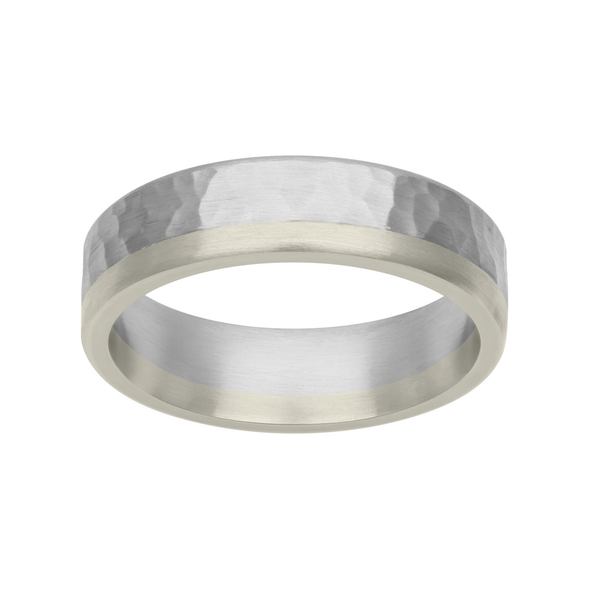 6MM Platinum and 14K White Gold with Hammered Pattern and Flat Edge Fusion Band