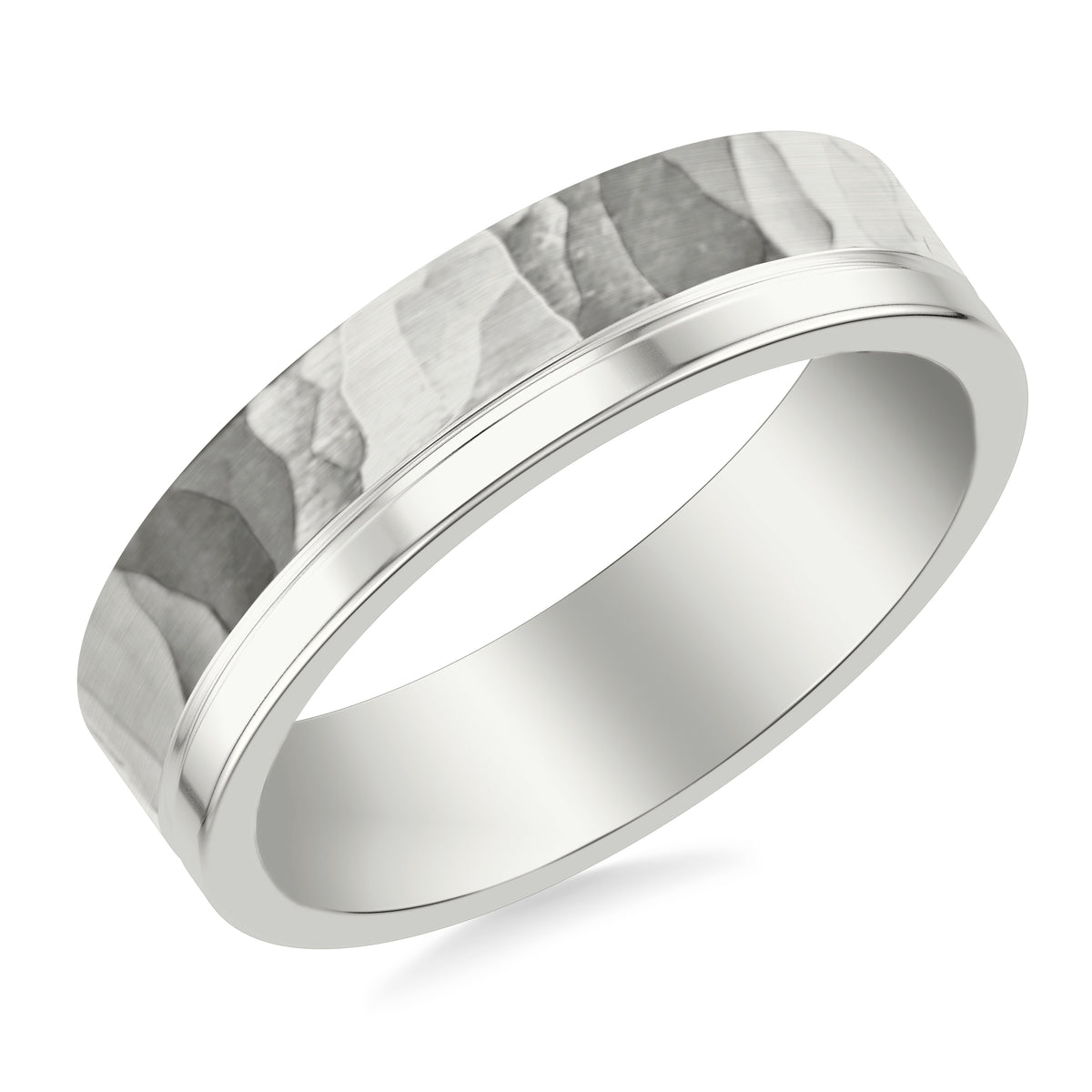 6MM Band with Asymmetrical Hammer Brush and Polished Finishes Separated by Horizontal Groove and Flat Top & Flat Edge Profile
