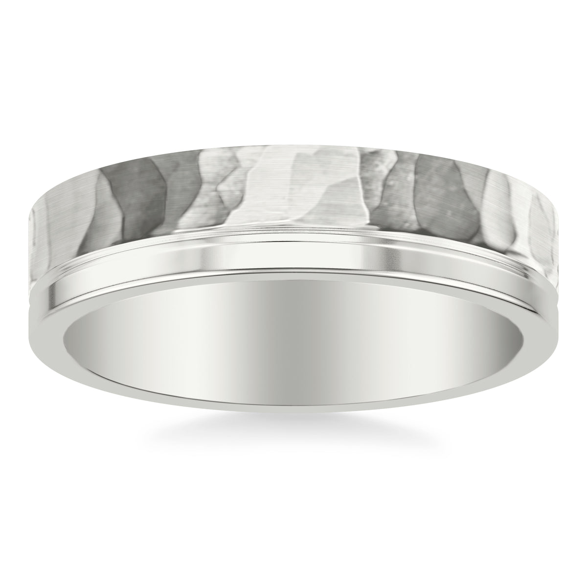 6MM Band with Asymmetrical Hammer Brush and Polished Finishes Separated by Horizontal Groove and Flat Top & Flat Edge Profile