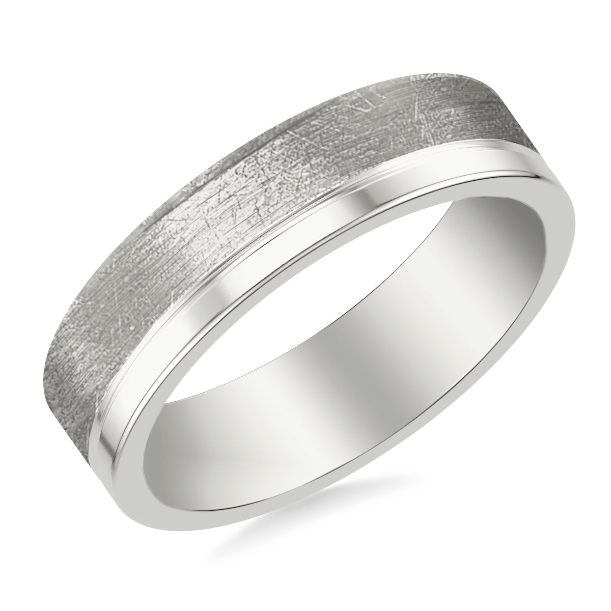 6MM Band with Asymmetrical Crystalline and Polished Finishes Separated by Horizontal Groove and Flat Top & Flat Edge Profile