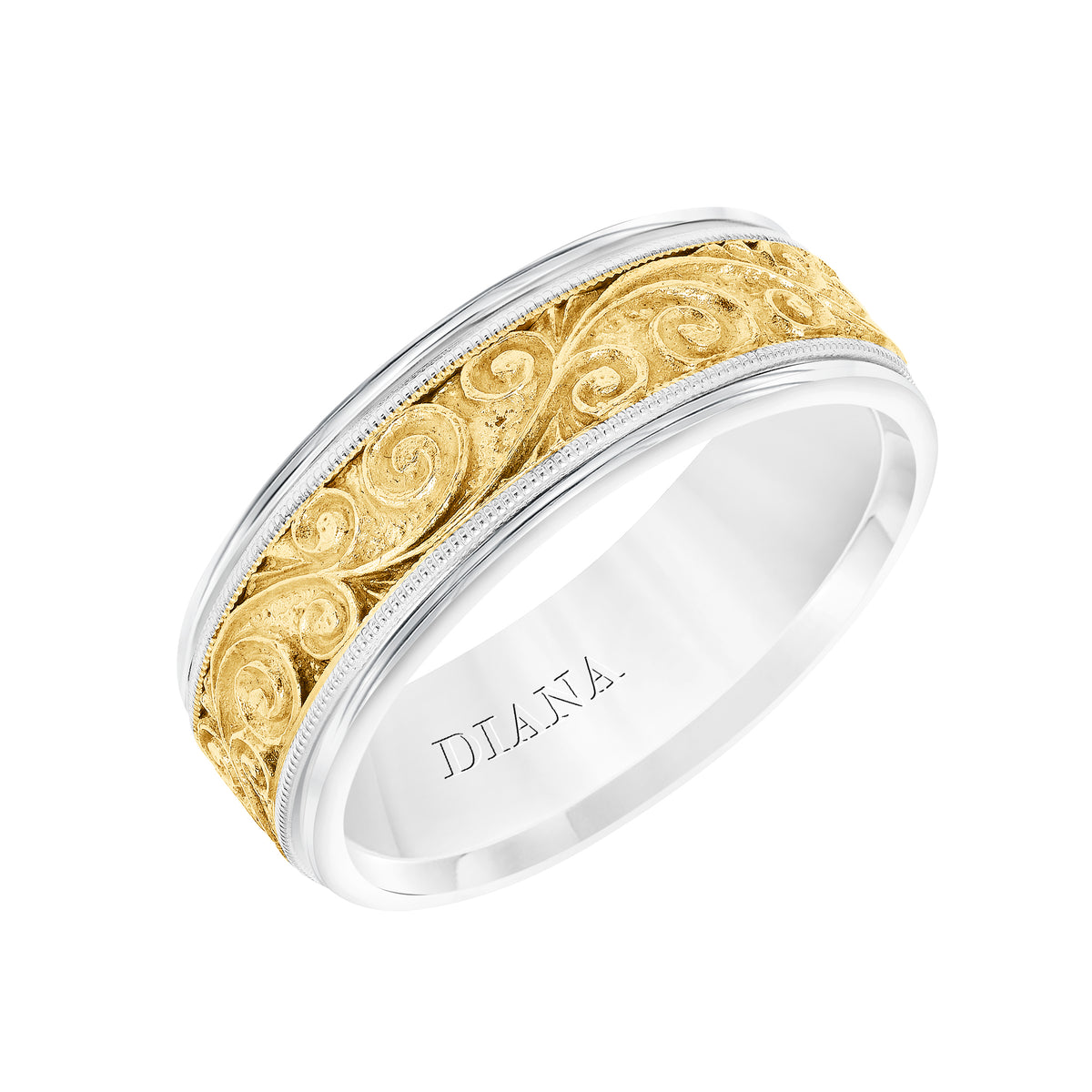 Two-toned wedding band with detailed engraving