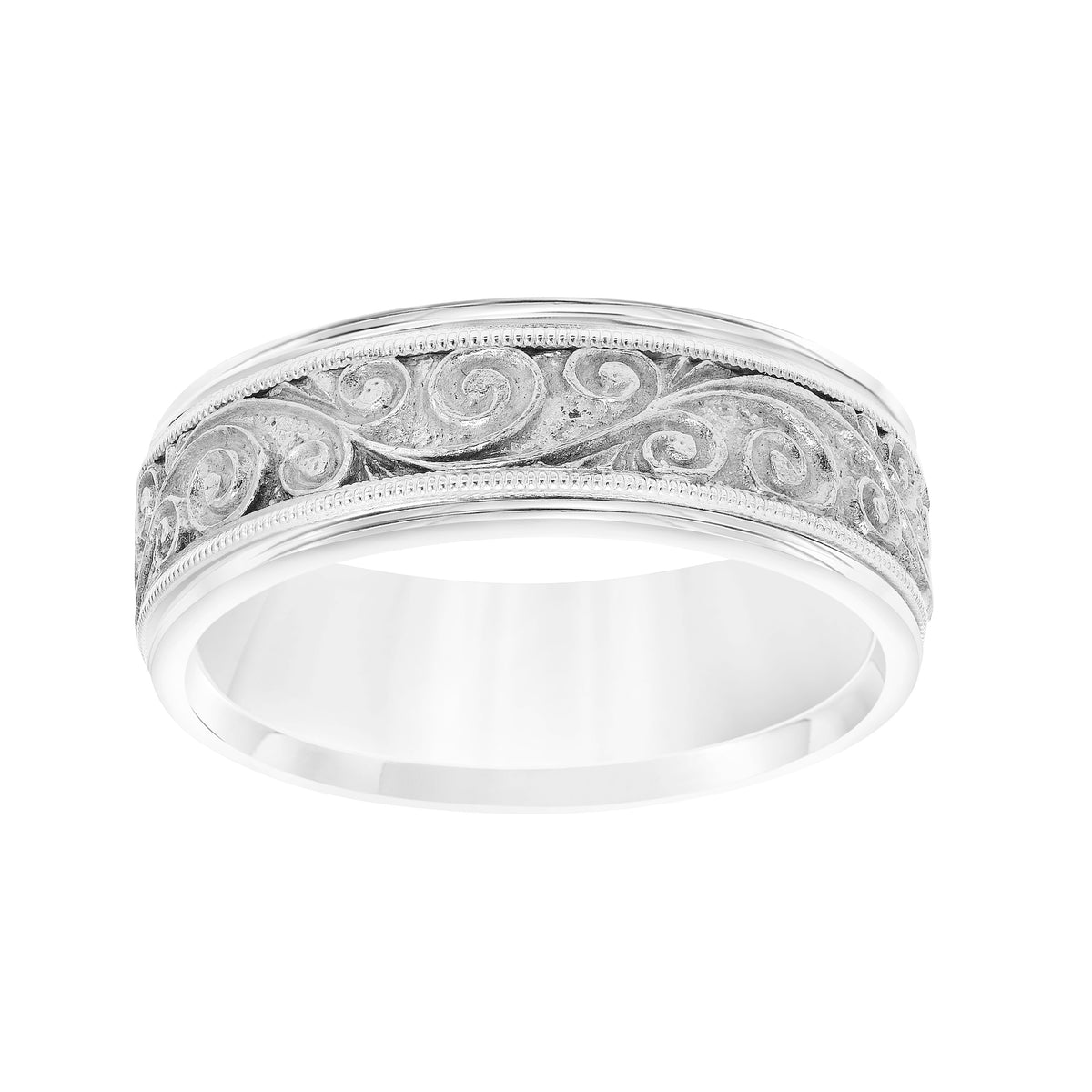 Two-toned wedding band with detailed engraving