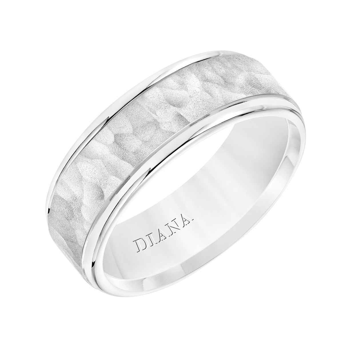 Comfort Fit Wedding Band with hammer finish and rolled edge Please note hand hammered styles will have slight variations due to the nature of the manufacturing process