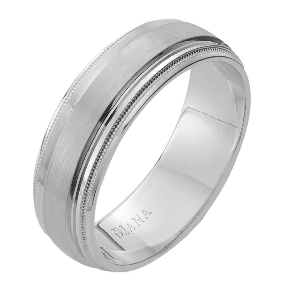 Comfort Fit Engraved Wedding Band with brush finish and milgrain detail