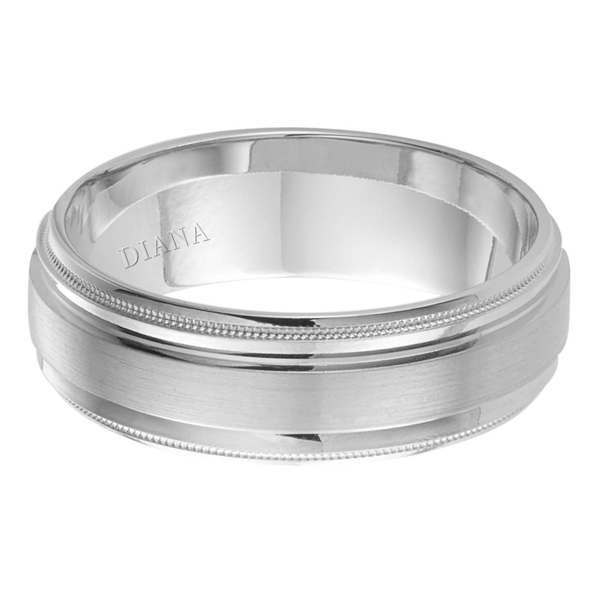 Comfort Fit Engraved Wedding Band with brush finish and milgrain detail