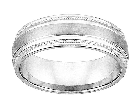 Comfort Fit Engraved Wedding Band with brush finish and milgrain detail