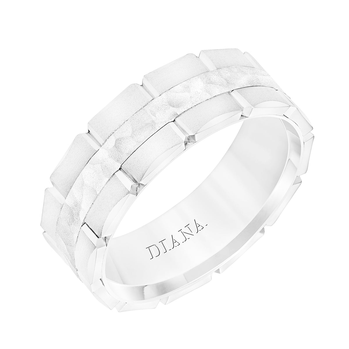 Mens Band with Brushed Finish Brick Detail with Hammered Center and Brushed Edge Please note hand hammered styles will have slight variations due to the nature of the manufacturing process