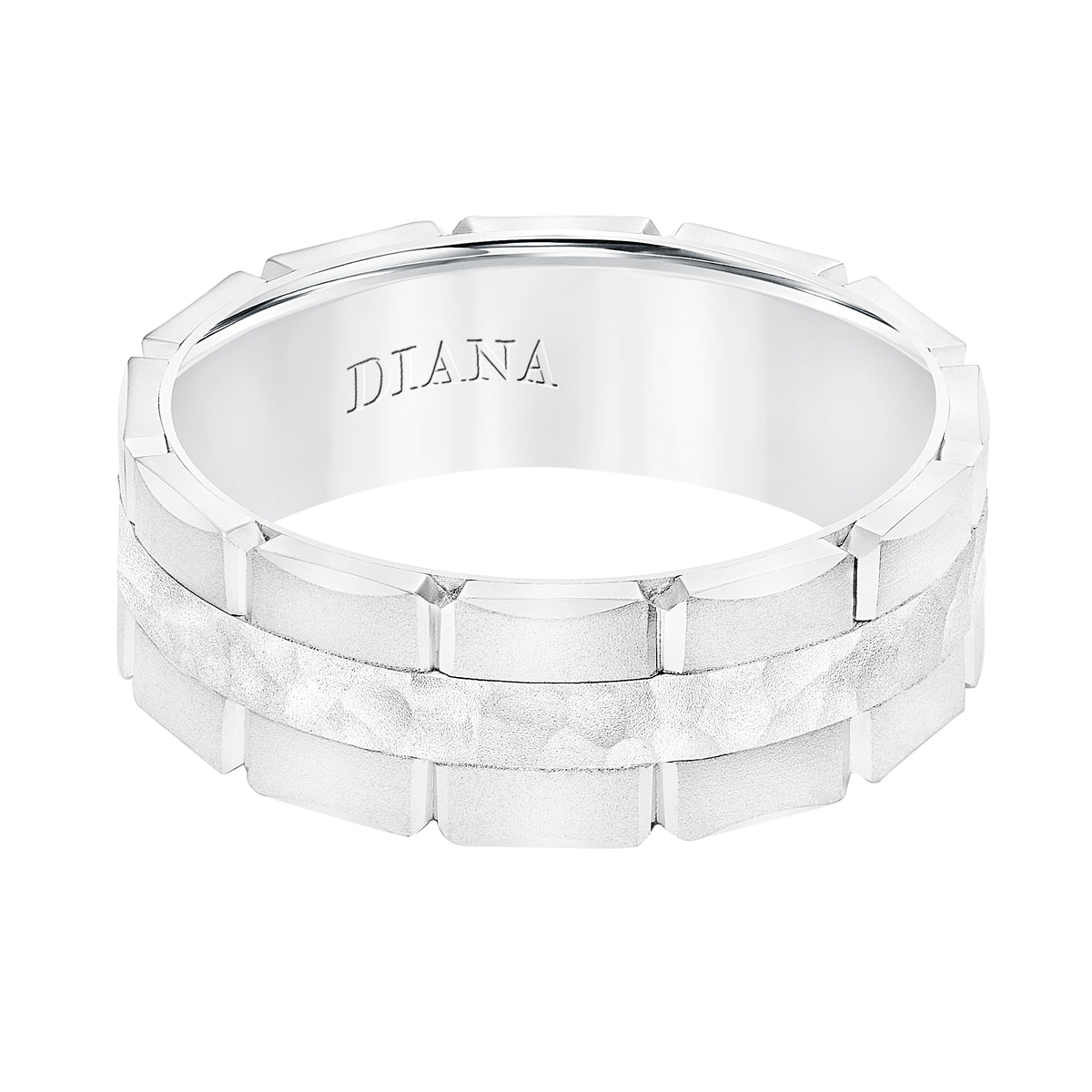Mens Band with Brushed Finish Brick Detail with Hammered Center and Brushed Edge Please note hand hammered styles will have slight variations due to the nature of the manufacturing process