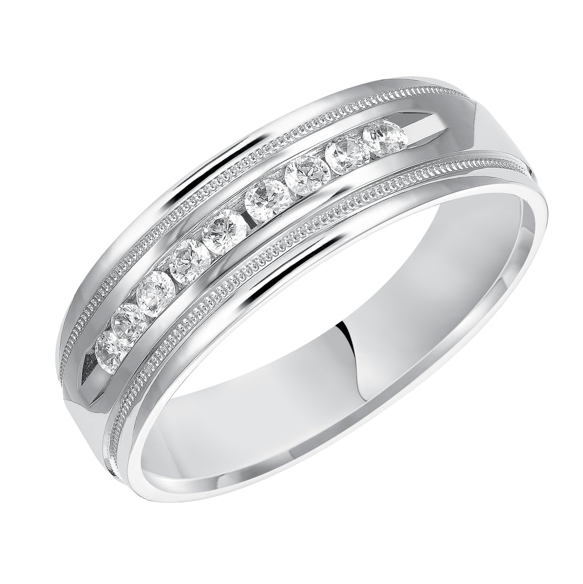 Stately, grand and luxurious, this low-domed style, Comfort Fit wedding band features bright polished finish, double milgrain and 9 channel set diamonds