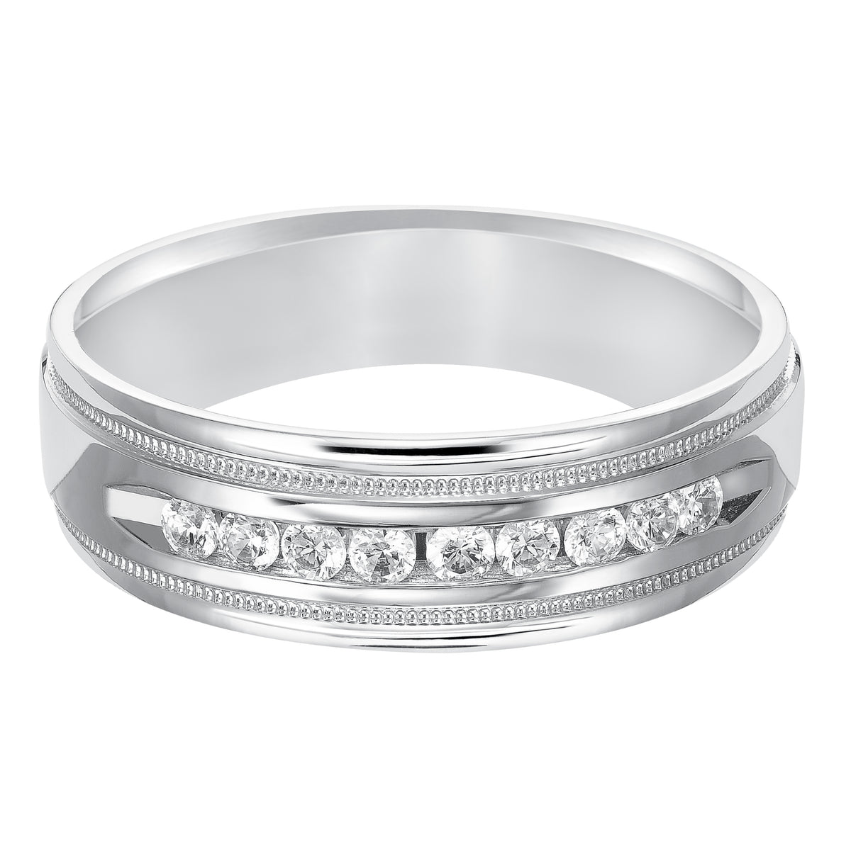 Stately, grand and luxurious, this low-domed style, Comfort Fit wedding band features bright polished finish, double milgrain and 9 channel set diamonds