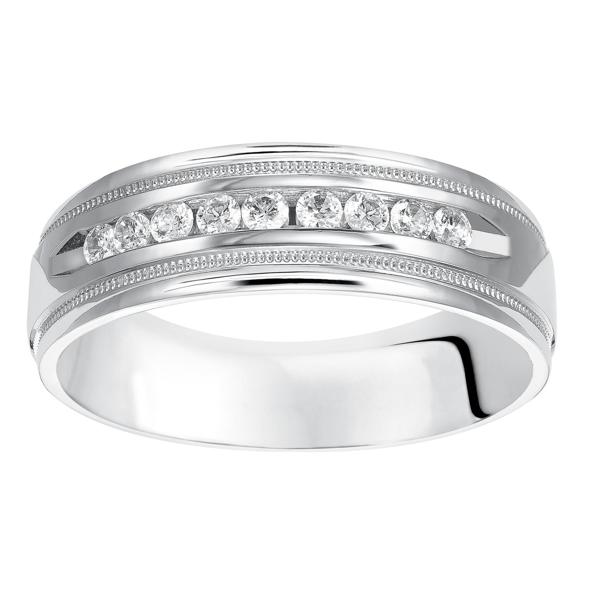 Stately, grand and luxurious, this low-domed style, Comfort Fit wedding band features bright polished finish, double milgrain and 9 channel set diamonds