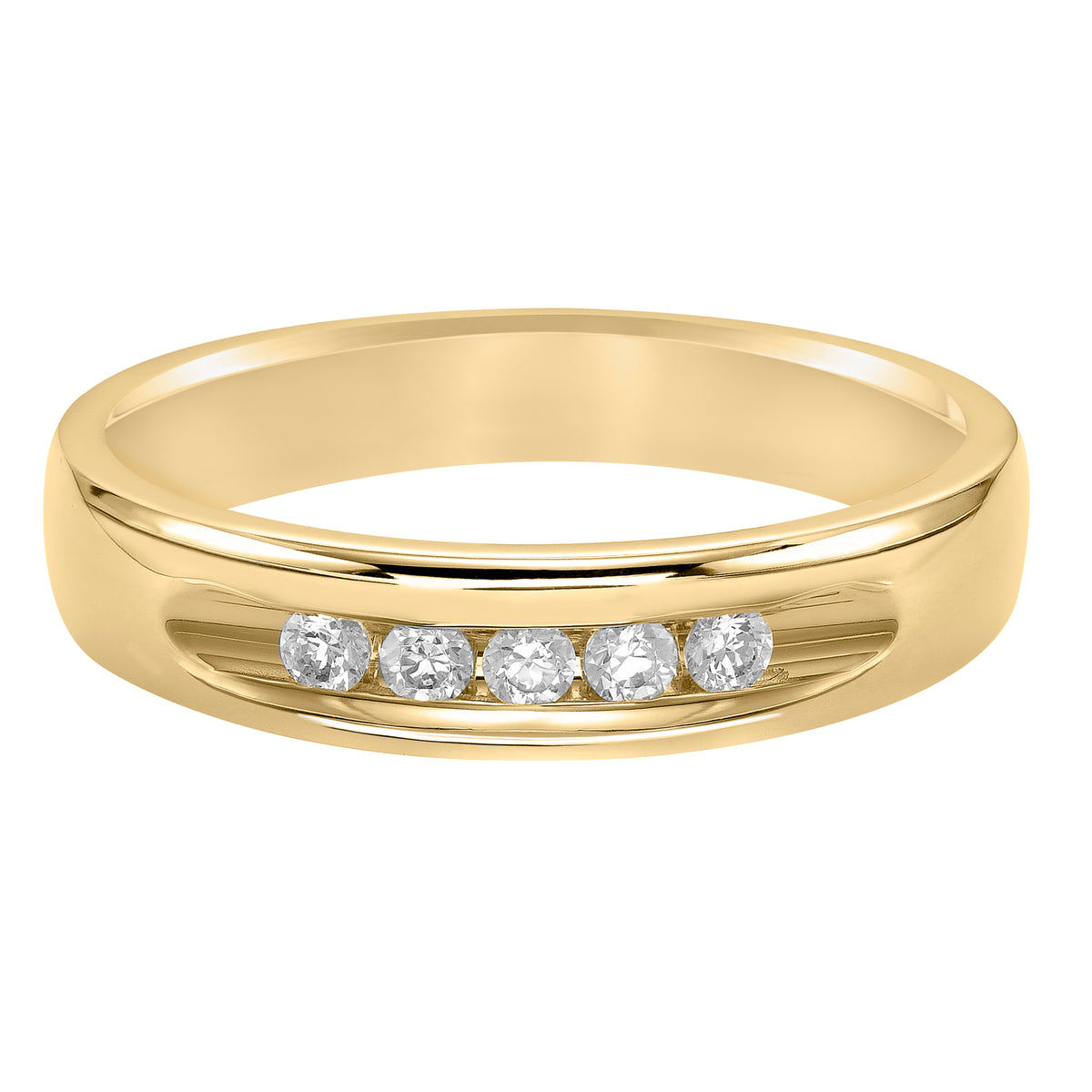 This 5 stone diamond, Comfort Fit wedding band features a bright polished finish and flat edge for a classic look that is sure to make a statement