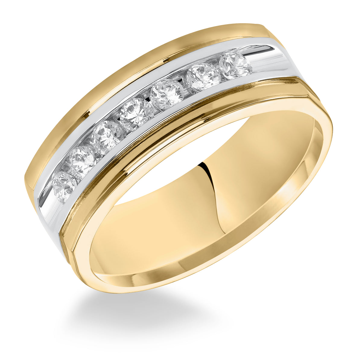 This 7 stone diamond, two-tone gold wedding band features a low-domed style, semi-square profile, bright polished finish and flat edges