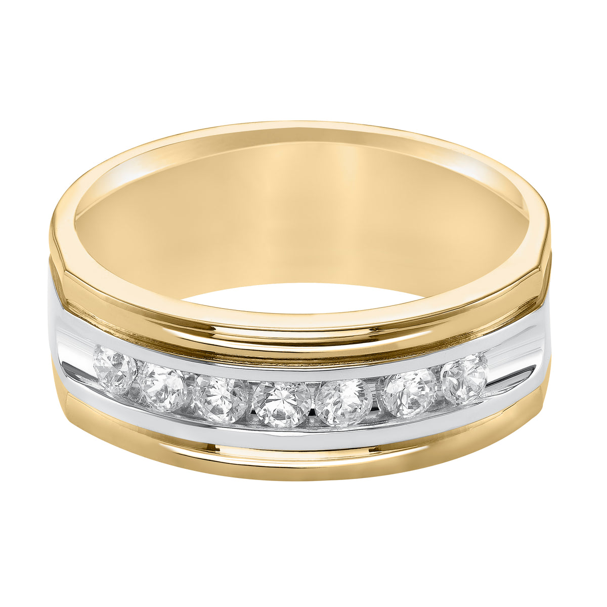 This 7 stone diamond, two-tone gold wedding band features a low-domed style, semi-square profile, bright polished finish and flat edges