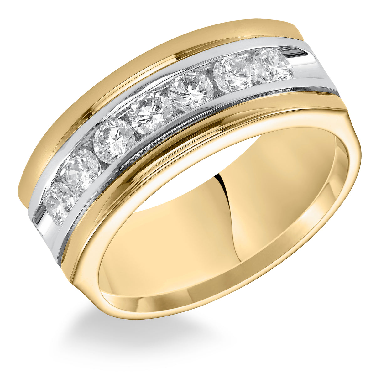 This 7 stone diamond, two-tone gold wedding band features a low-domed style, semi-square profile, bright polished finish and flat edges