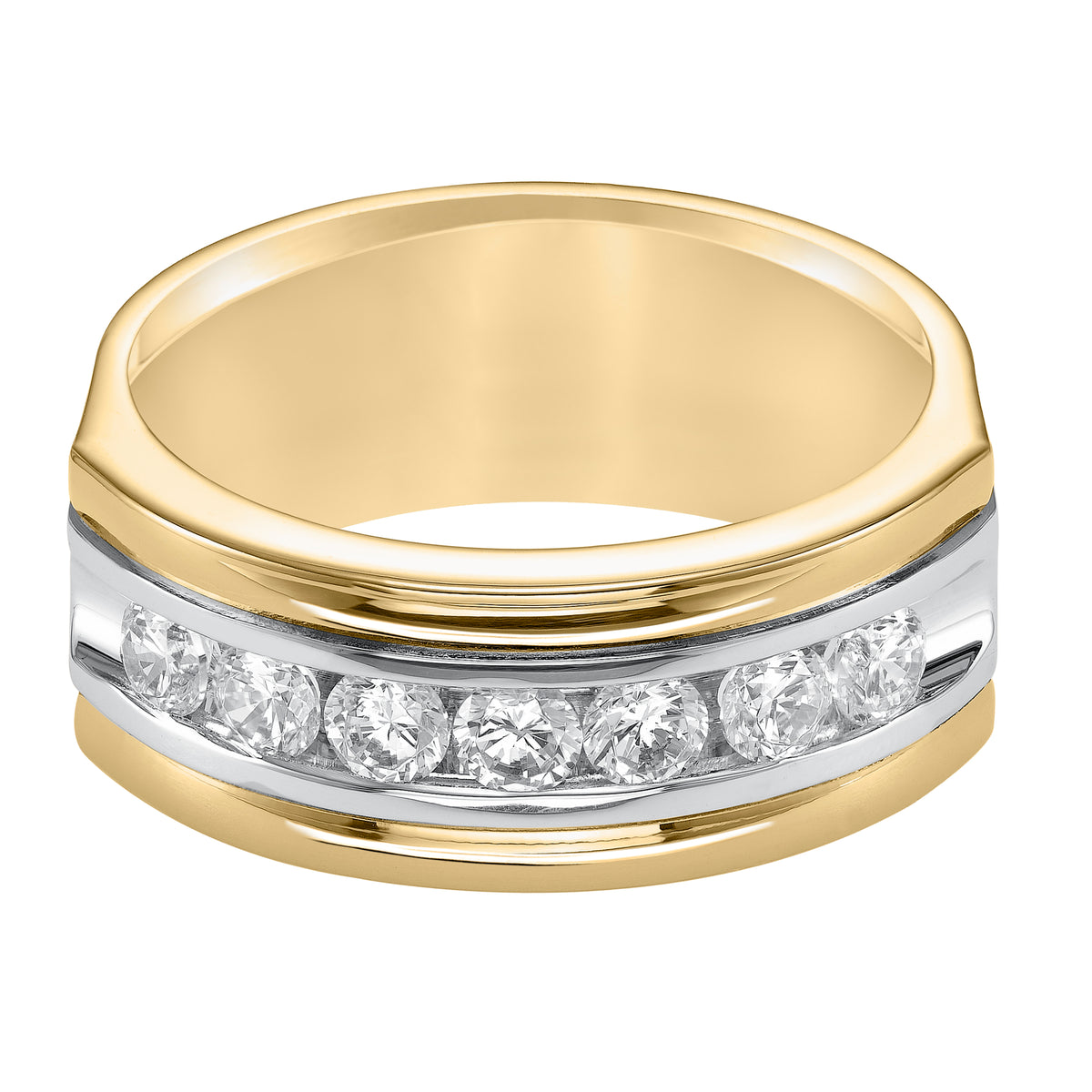This 7 stone diamond, two-tone gold wedding band features a low-domed style, semi-square profile, bright polished finish and flat edges