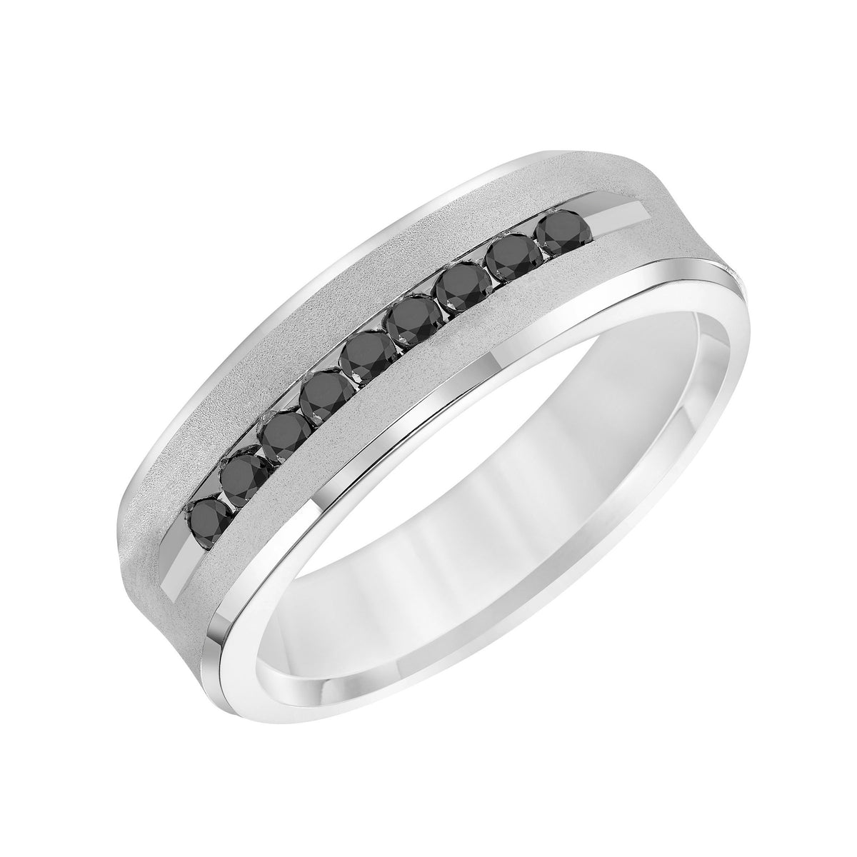 Luxuriously designed, this 9 stone black sapphires wedding band features a low-domed, semi-square profile with a soft sand finish and flat edges