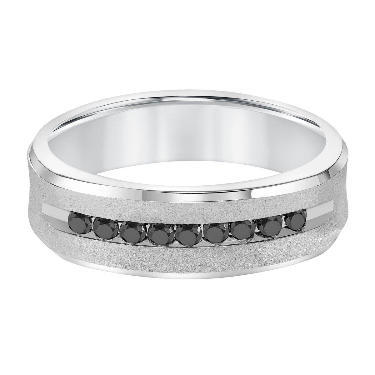 Luxuriously designed, this 9 stone black sapphires wedding band features a low-domed, semi-square profile with a soft sand finish and flat edges