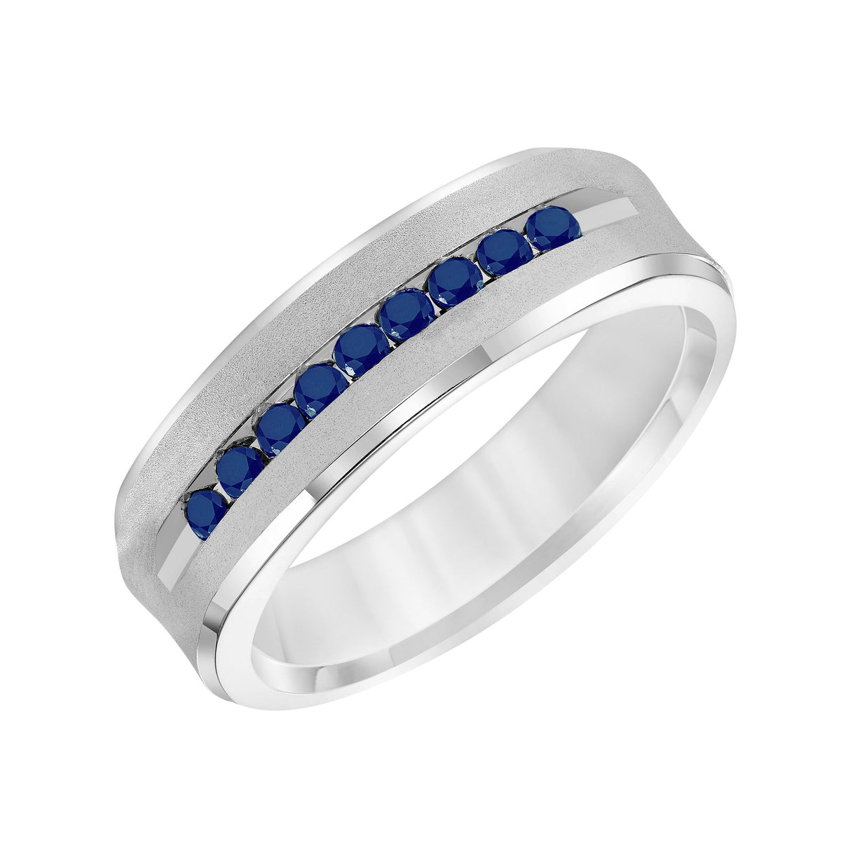 Luxuriously designed, this 9 stone blue sapphires wedding band features a low-domed, semi-square profile with a soft sand finish and flat edges