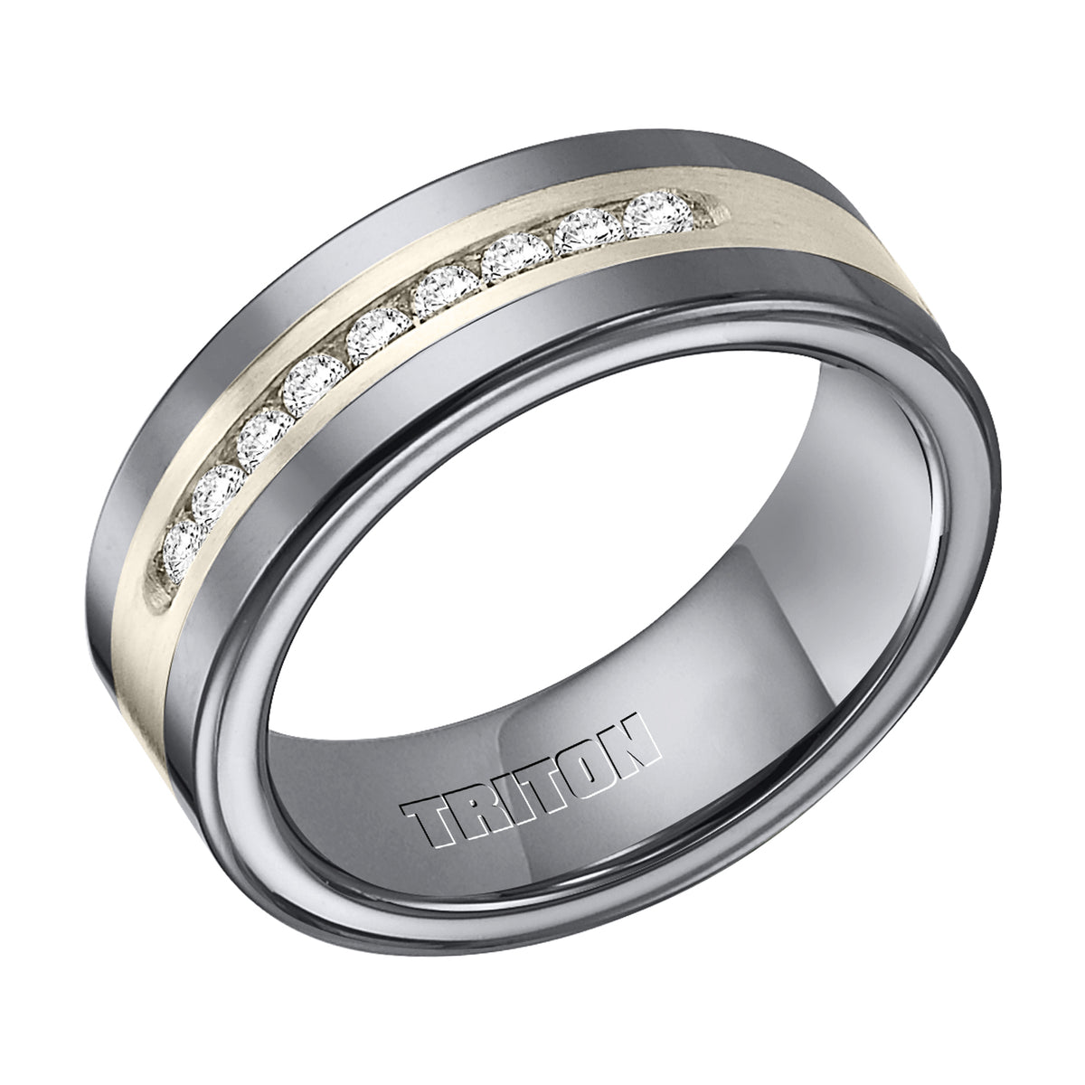8mm Tungsten carbide comfort fit band with satin finish silver inlay and channel set diamonds